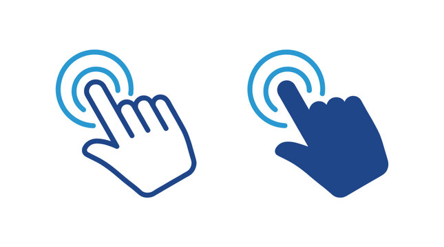 A set of two icons showing a hand pointer clicking on a touch point, representing digital interaction and selection.