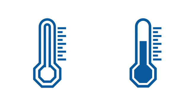 Two blue line art icons of thermometers, one showing a low temperature and the other a moderate one.