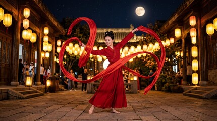 Naklejka premium Woman in red hanfu dress performs a ribbon dance at Mid-Autumn Festival