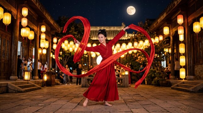 Woman in red hanfu dress performs a ribbon dance at Mid-Autumn Festival