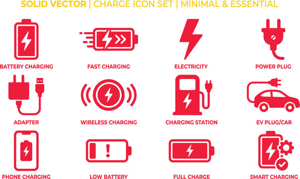 Set of battery and power charging solid vector icons for mobile and electric devices with charging electricity electric wireless interface technology electronics capacity indicator lightning