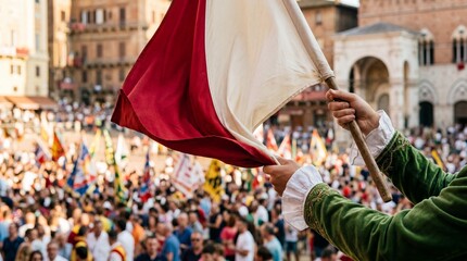 Naklejka premium Hands holding a medieval flag at Palio di Siena festival in Italy