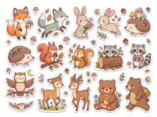 Fototapeta premium Sticker sheet featuring charming woodland animals and nature