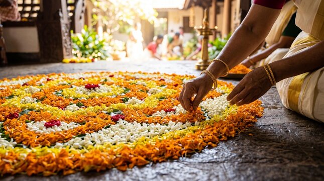 Indian women creating a beautiful Onam Pookalam floral carpet with marigolds