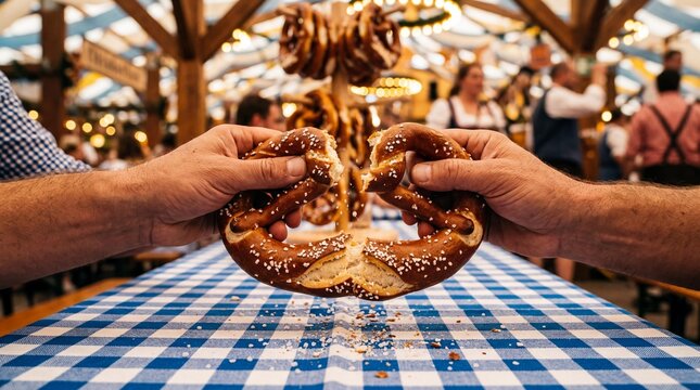 Close up of hands breaking a fresh pretzel at an Oktoberfest beer tent