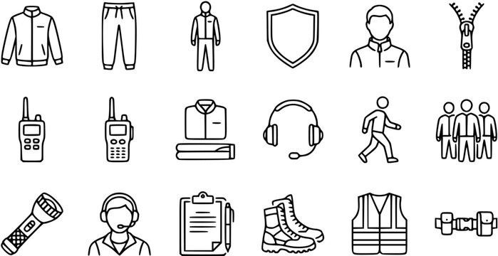 Security Personnel and Equipment Line Art Icons Set. Collection of Outline Symbols for Public Safety, Guards, and Protection Services.