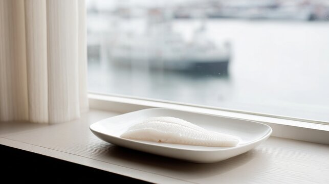 turbot. A white fish fillet on a ceramic plate in a fine dining setting. menu design, packaging mockups, designed for food delivery and cloud-kitchen brand materials, supports restaurant marketing.