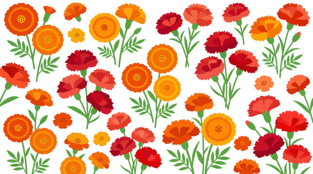 Seamless pattern of red and orange marigold flowers.