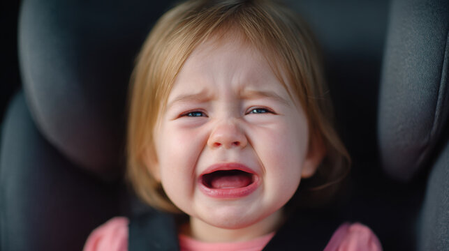 Crying baby girl in car seat upset child with sad face and blond hair, close up portrait of infant passenger