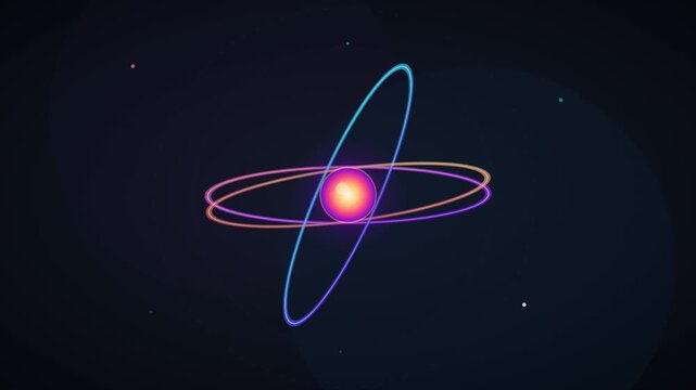 Abstract animation of a glowing neon atom with spinning orbits