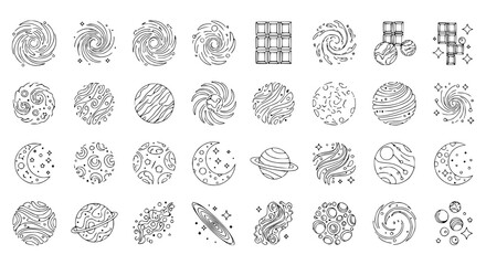 Cosmic Icons: Swirling Galaxies, Planets, Moons, Stars & Space Objects - Line Art © Dika