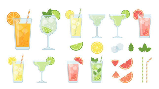Refreshing summer cocktail and citrus fruit drink collection.