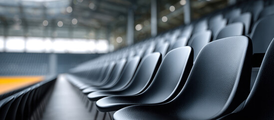 Fototapeta premium Empty black chair row in indoor sports arena with blurred stadium background, waiting for event