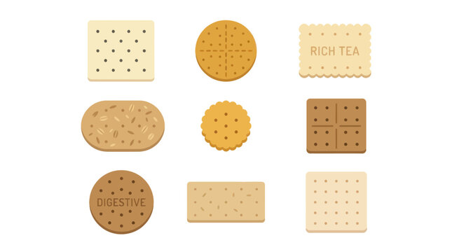Assorted biscuits and savory crackers on white background.