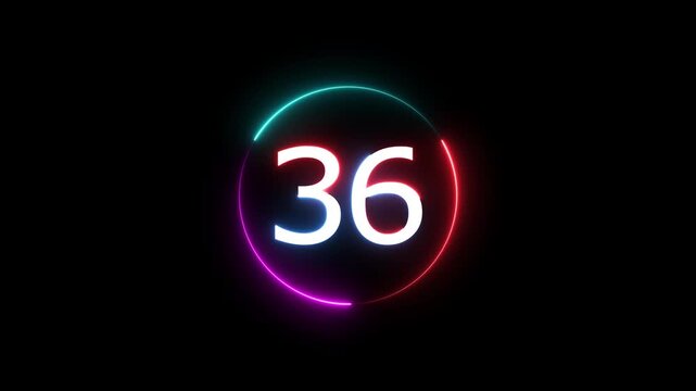 A dynamic circular animation, and glowing count neon number 36 animation . on a black background. and creating a stunning video.4k video