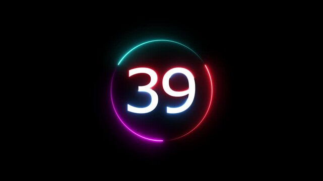A dynamic circular animation, and glowing count neon number 39 animation . on a black background. and creating a stunning video.4k video