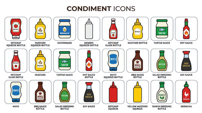 Large collection of condiment and sauce icons with labels