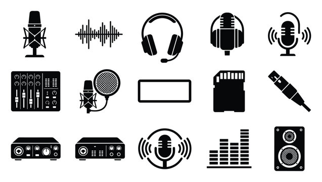 Audio recording and sound production flat black vector icon set with microphone, headphones, waveform, mixer and studio equipment symbols