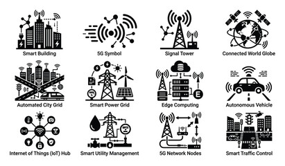 Fototapeta premium Smart city infrastructure and connected technology flat black vector icon set with digital buildings, data flow and automation symbols for future urban systems