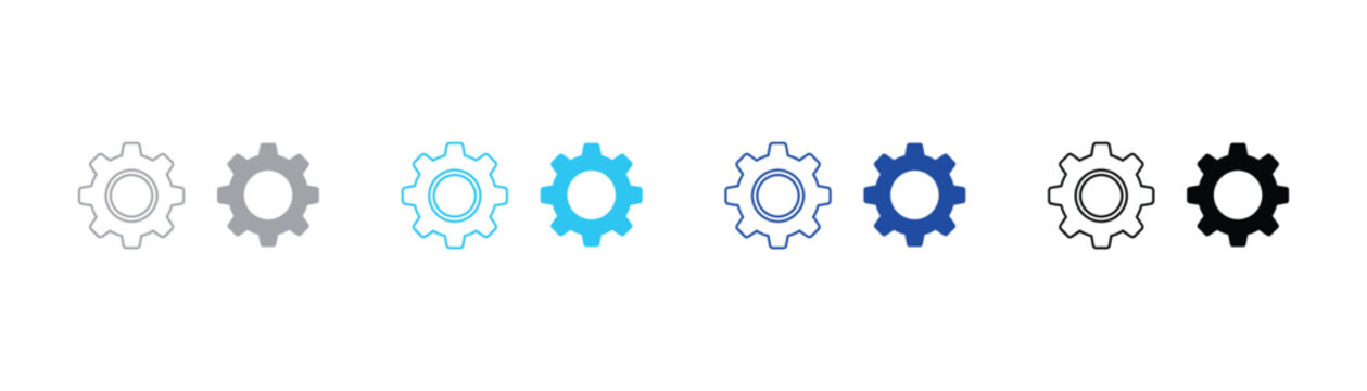Minimalist gear mechanism icons set for software and hardware settings with mechanical industry engineering technical settings configuration automation manufacturing maintenance component