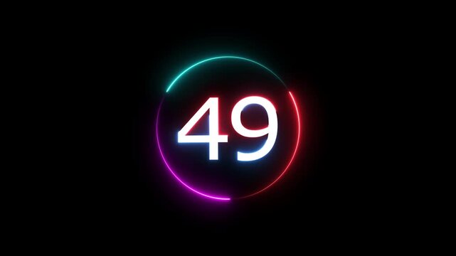 A dynamic circular animation, and glowing count neon number 49 animation . on a black background. and creating a stunning video.4k video