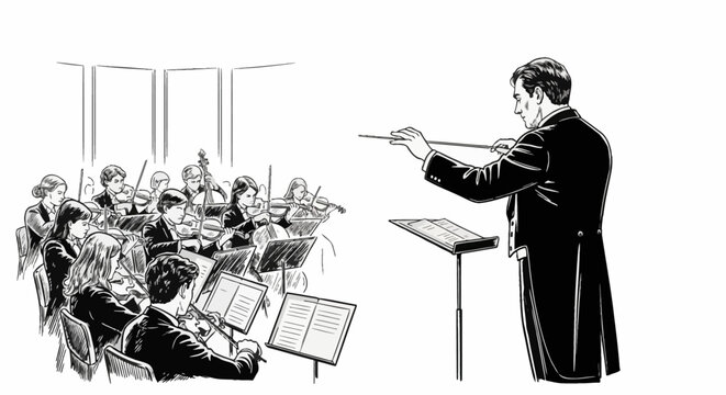 Black and white sketch of a male conductor in a tailcoat holding a baton while leading a symphony orchestra of female violinists with music stands on a plain white background.