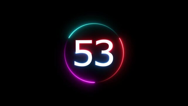 A dynamic circular animation, and glowing count neon number 53 animation . on a black background. and creating a stunning video.4k video