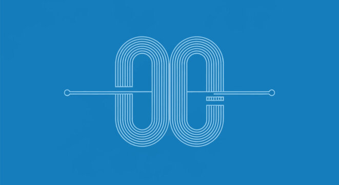Symmetrical blue background with a light blue vector-style illustration of two numeric zeros formed by concentric parallel lines, intersected by a thin horizontal node line.