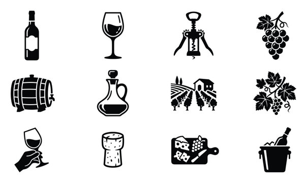 Wine tasting and gourmet beverage flat black vector icon set featuring wine bottle, glass, barrel and vineyard celebration symbols
