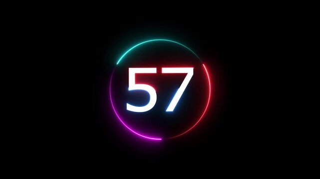 A dynamic circular animation, and glowing count neon number 57 animation . on a black background. and creating a stunning video.4k video