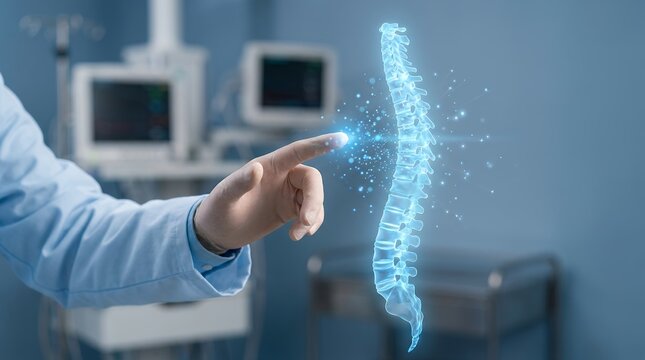 A doctor's finger touches a glowing blue holographic spine with medical equipment visible in the blurred background of a hospital room human spine hand digital technology