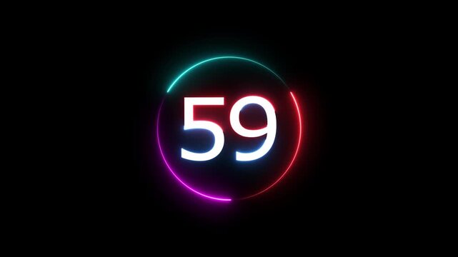 A dynamic circular animation, and glowing count neon number 59 animation . on a black background. and creating a stunning video.4k video
