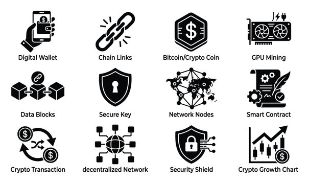 Cryptocurrency blockchain and digital finance flat black vector icon set with bitcoin, mining, wallet, secure transactions and decentralized technology symbols