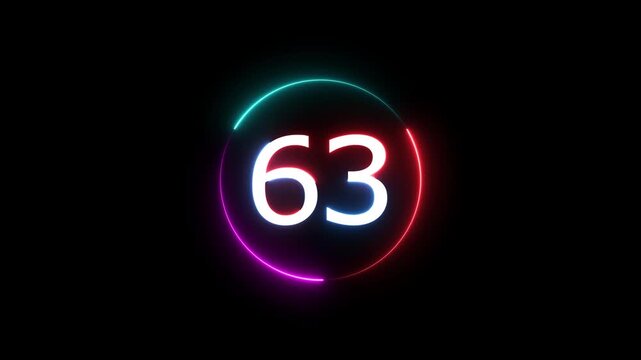 A dynamic circular animation, and glowing count neon number 63 animation . on a black background. and creating a stunning video.4k video