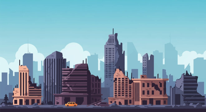 Vector illustration of a destroyed urban city skyline featuring ruined skyscrapers, bombed out buildings, rubble-filled streets, and a single yellow car under a clear blue sky.