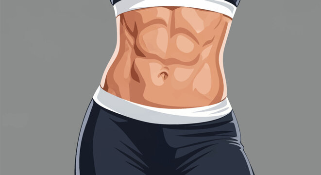 Close-up vector illustration of a fit woman's toned abdominal muscles and midsection, featuring defined six-pack abs, wearing black athletic leggings and a white sports top.