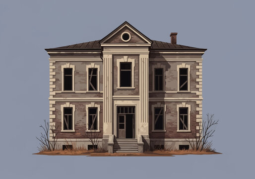 Detailed vector illustration of an abandoned two-story neoclassical brick building featuring broken windows, weathered stone trim, and pilasters, isolated on a muted gray background.