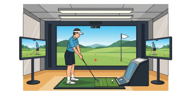 Illustration of a man in a blue shirt and visor practicing golf in an indoor simulator room with a large projection screen and two side monitors showing a virtual landscape.