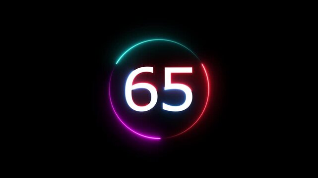 A dynamic circular animation, and glowing count neon number 65 animation . on a black background. and creating a stunning video.4k video