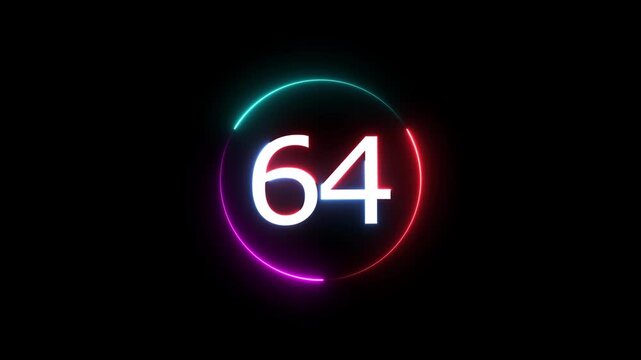 A dynamic circular animation, and glowing count neon number 64 animation . on a black background. and creating a stunning video.4k video