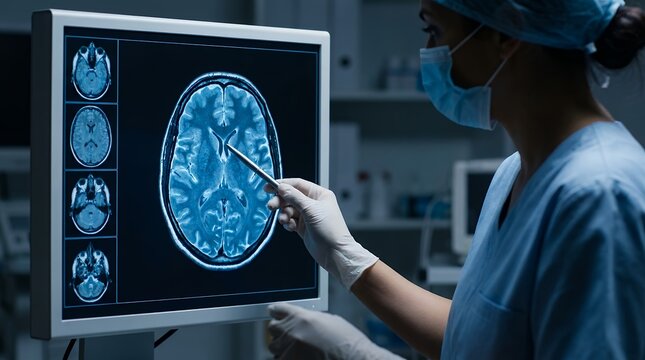 Medical professional wearing surgical scrubs and mask points with a pen to a detailed brain MRI scan displayed on a monitor with multiple axial views doctor patient healthcare