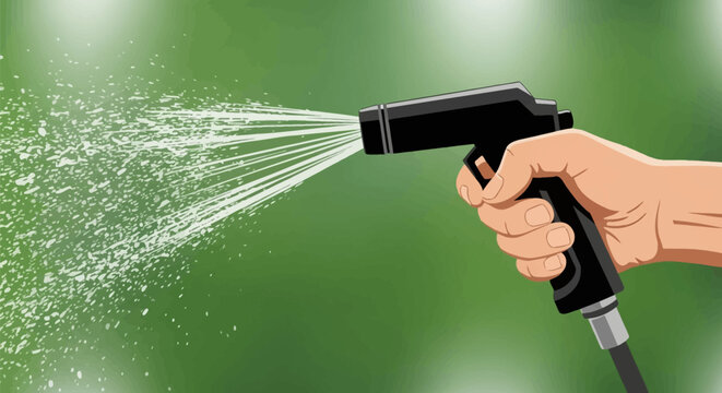 Vector illustration of a human hand holding a black garden spray gun nozzle discharging a fine mist of water droplets against a solid green background for outdoor cleaning.