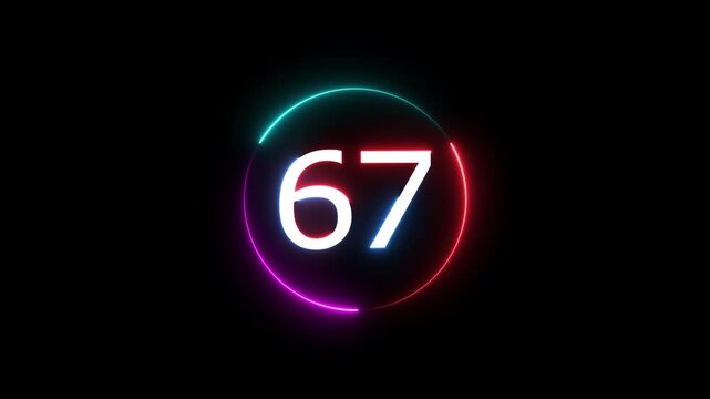 A dynamic circular animation, and glowing count neon number 67 animation . on a black background. and creating a stunning video.4k video