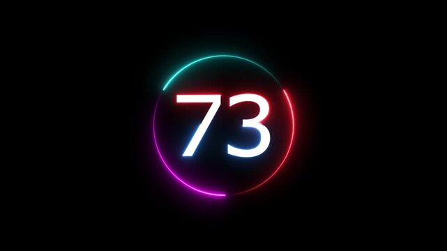 A dynamic circular animation, and glowing count neon number 73 animation . on a black background. and creating a stunning video.4k video