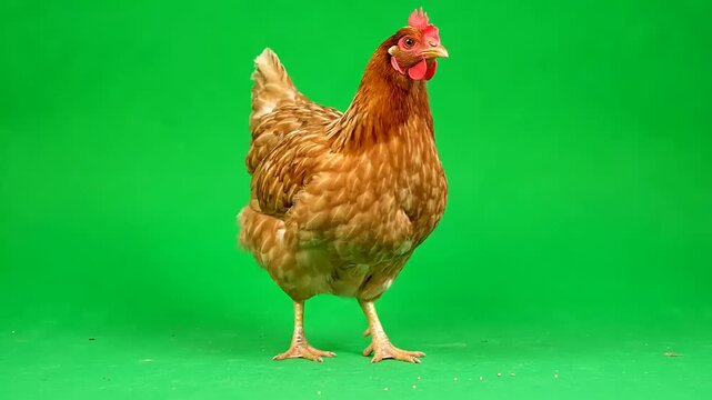 A beautiful brown hen stands on a green background, looking directly at the camera with its head slightly tilted