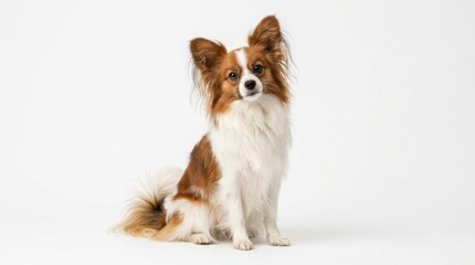 Fototapeta premium Beautiful Papillon Dog Sitting Isolated on White Background. Studio Portrait of a Cute Purebred Toy Spaniel Pet.