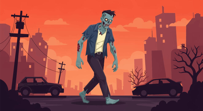 Vector illustration of a decaying male zombie walking through a post-apocalyptic urban street with abandoned cars and silhouetted buildings under a hazy orange sunset sky.