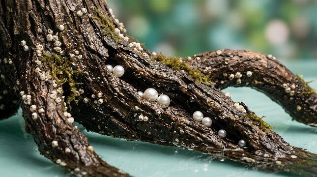 White pearls nestled in textured mangrove roots with barnacles