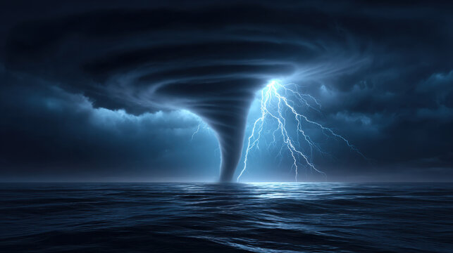 Tornado over ocean with lightning and dark storm clouds