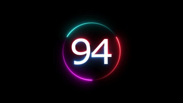 A dynamic circular animation, and glowing count neon number 94 animation . on a black background. and creating a stunning video.4k video